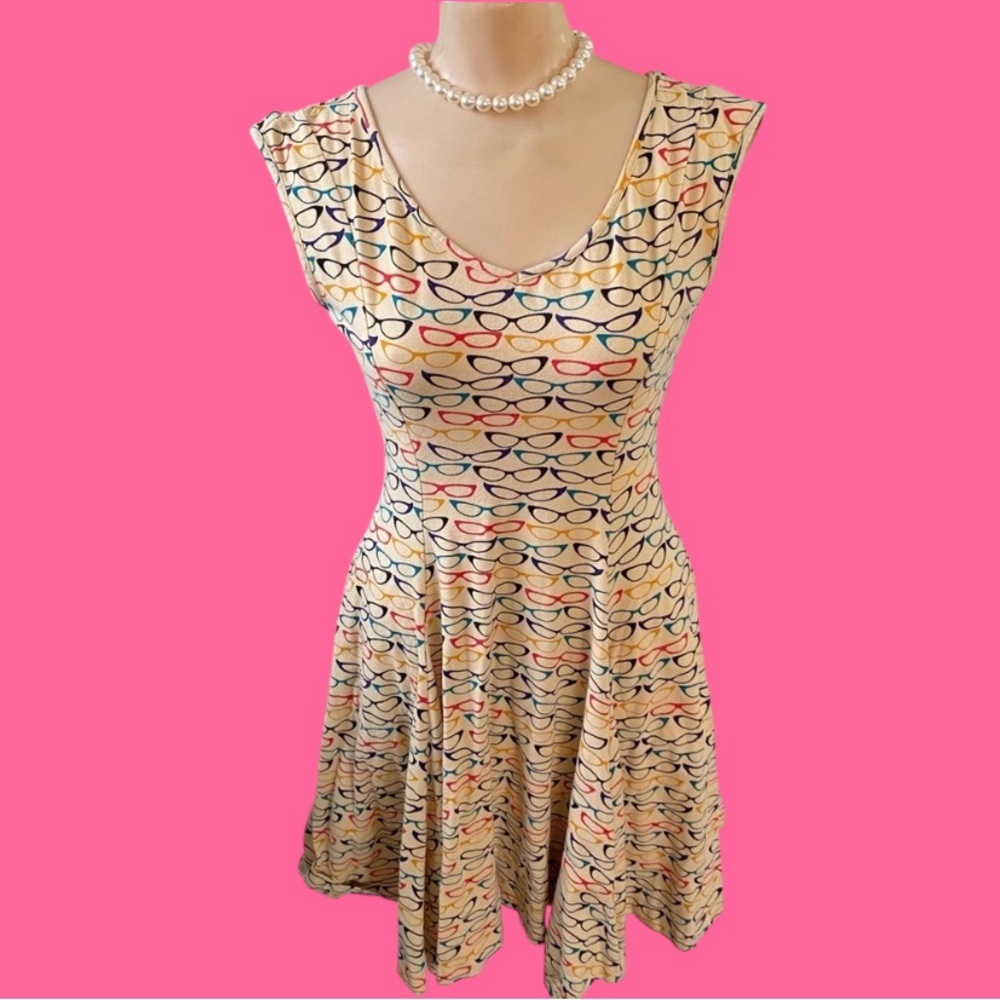 Effie’s Heart Cat Eye Glasses Novelty Print Fit & Flare Sun Dress M